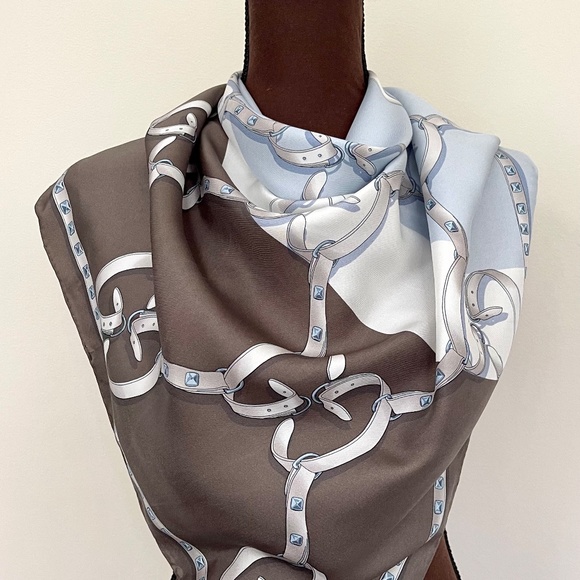 New Gucci Logo Chains Color-Block Brown Blue Silk Scarf - Picture 1 of 12